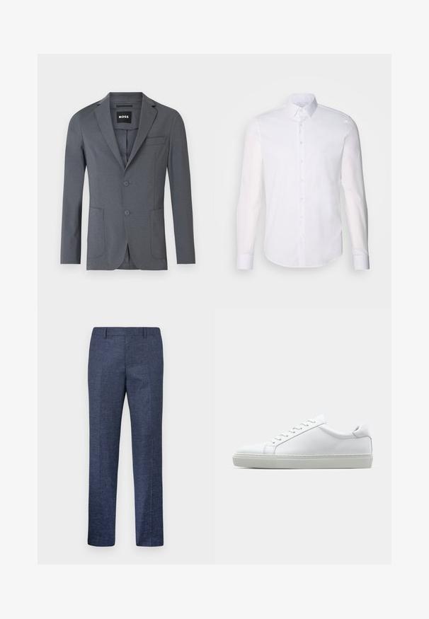 Sivý blejzer vyrobený z hladkej tkaniny, s klopami, dvoma prednými vreckami, vreckom na prsiach a so zapínaním na dva gombíky. Jednoduchý, čistý dizajn.; Biela košeľa s dlhým rukávom, vyrobená z bavlny, s klasickým golierom, prednými gombíkmi a minimálnym prešívaním.; Námornícke modré nohavice vyrobené z textúrovanej látky, s rovnými nohavicami, plochým predkom a dvoma bočnými vreckami. Žiadne viditeľné vzory ani akcenty.; Biele tenisky s hladkým koženým zvrškom a nízkym profilom. Majú zaoblenú špičku, šesť očiek a štruktúrovanú gumovú podrážku.