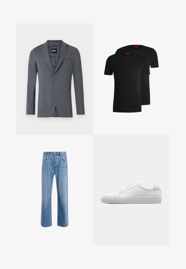 Pilkas švarkas, pagamintas iš lygios medžiagos, su iškirpte, dviem priekinėmis kišenėmis, krūtinės kišene ir dviem mygtukais. Paprastas, švarus dizainas.; Dvi juodos medvilnės marškinėliai su trumpomis servetėlėmis ir apvaliu kaklu. Abu turi raudoną prekės ženklo etiketę kaklo srityje. Paprastas, klasikinis dizainas.; Šviesiai mėlyni džinsai su tiesiu kirpimu, penkios kišenės, mygtuko užsegimas, minimalus blukimas ir kontrastingi siuvimo detalės.; Baltas sportinis batelis su lygiu odiniu paviršiumi ir žemu profiliu. Turi suapvalintą pirštą, šešis akių skyrius ir tekstūruotą gumos padą.