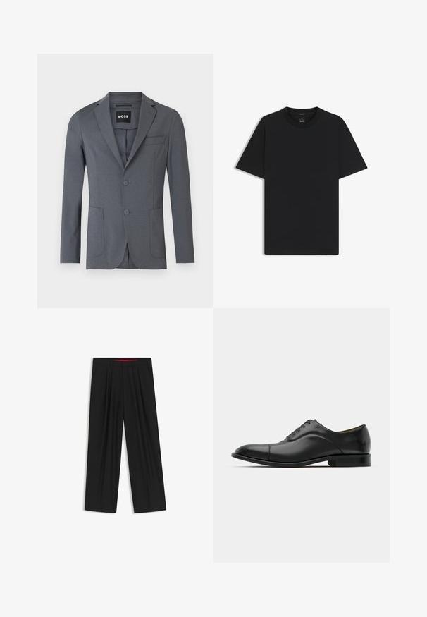 Grå kavaj i slätt tyg med slag, två framfickor, en bröstficka och två knappar. Enkelt och rent design.; Svart kortärmad T-shirt i en mjuk bomullsblandning, med rundad halsringning och en minimalistisk design utan mönster eller detaljer.; Svarta vida byxor med slät front, två sidofickor, veckad design och en kontrasterande röd midjeresår.; Svart läderskor med slät yta, rund tå och fem snörhål. Har en låg staplad klack och diskret sömdetaljering.