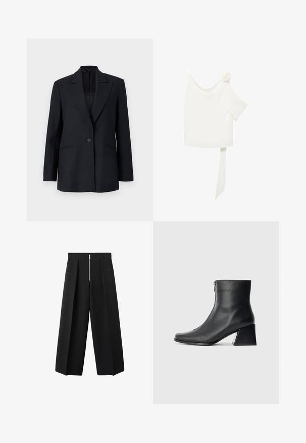 Čierny sako s prúžkami, s klopovým golierom, jedným gombíkom na zapínanie a bočnými vreckami. Má hladkú podšívku a strih na mieru.; Biela blúzka s jedným ramienkom, na jednej strane s kvetinovým akcentom a dlhým, viazaným panelom v páse. Hladká textura.; Čierne široké nohavice s prednými záhybmi a viditeľným strieborným zipsom na páse, rovný predok a bočné vrecká.; Čierna kožená členková obuv so štvrcovým špičkou, bočným zipsom a blokovým podpätkom na jednoduchom svetlom pozadí.