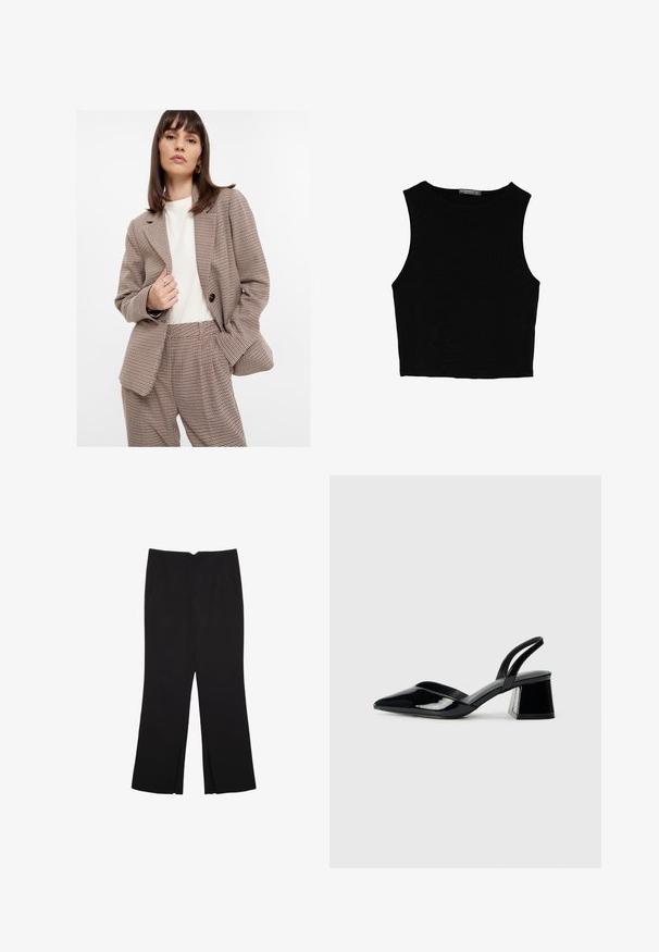 Kockovaná sako v hnedých a krémových odtieňoch s uvoľneným strihom, klopovými goliermi a veľkými gombíkmi, spárované s ladnými nohavicami. Hladká štruktúra látky.; Čierny bezrukávový crop top vyrobený z hladkej tkaniny, so zaobleným výstrihom a čistým, jednoduchým dizajnom bez vzorov alebo kovania.; Čierne nohavice so strihom rovného strihu, s prednými vreckami a bočnými rozparkami na leme. Vyrobené z mäkkej, hladkej tkaniny. Vhodné na rôzne príležitosti.; Čierne lakované kožené sandálové podpätky s špicatou špičkou a geometrickým blokovým podpätkom. Disponujú elegantným, minimalistickým dizajnom a hladkým povrchom.