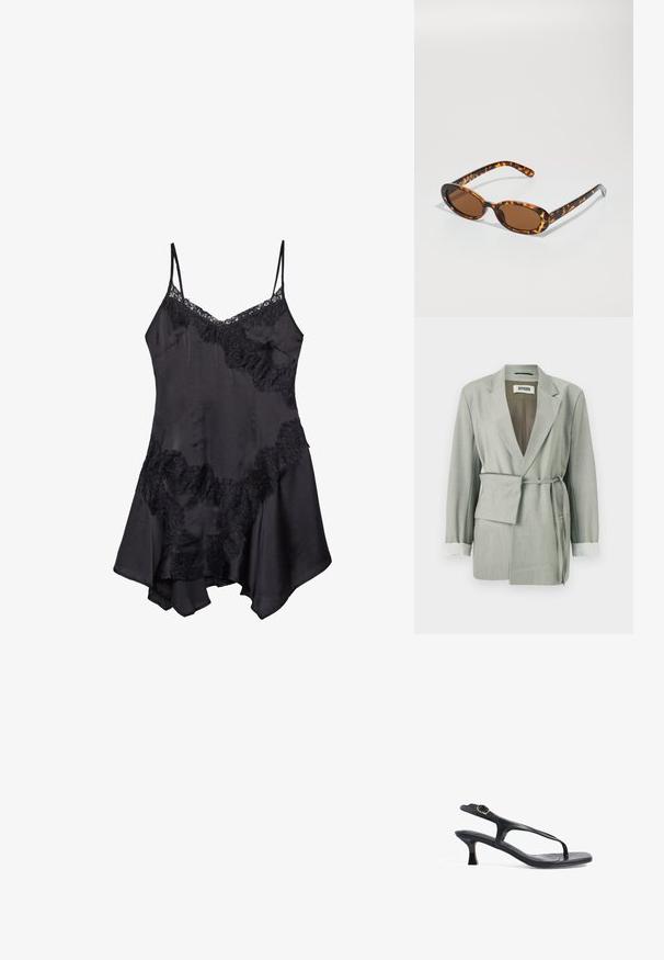 Svetlo siva blazer jakna s sproščenim krojem, z pasom, šalom ovratnikom in črtastimi detajli na manšetah. Gladek material z dobro oblikovanimi robovi.; Črna satenska obleka z naramnicami iz čipke, s prilagodljivimi spaghetti naramnicami in razširjenim robom, mehko teksturo in dekorativnimi volančki.; Črne usnjene sandale z ozkim dizajnom, tankimi trakovi in majhno peto. Imajo poudarek na sponki in gladko teksturirano podplato.; Želve kreme sončna očala z ovalnimi okvirji, rjavimi lečami in tankimi črnimi ročaji, ki imajo subtilne vzorčne akcentne podrobnosti.; Črna strukturirana toaletna torba z kratkimi ročaji, ki ima zlat zaklep in poudarke. Oblikovanje je strukturirano, s geometrijsko silhueto.