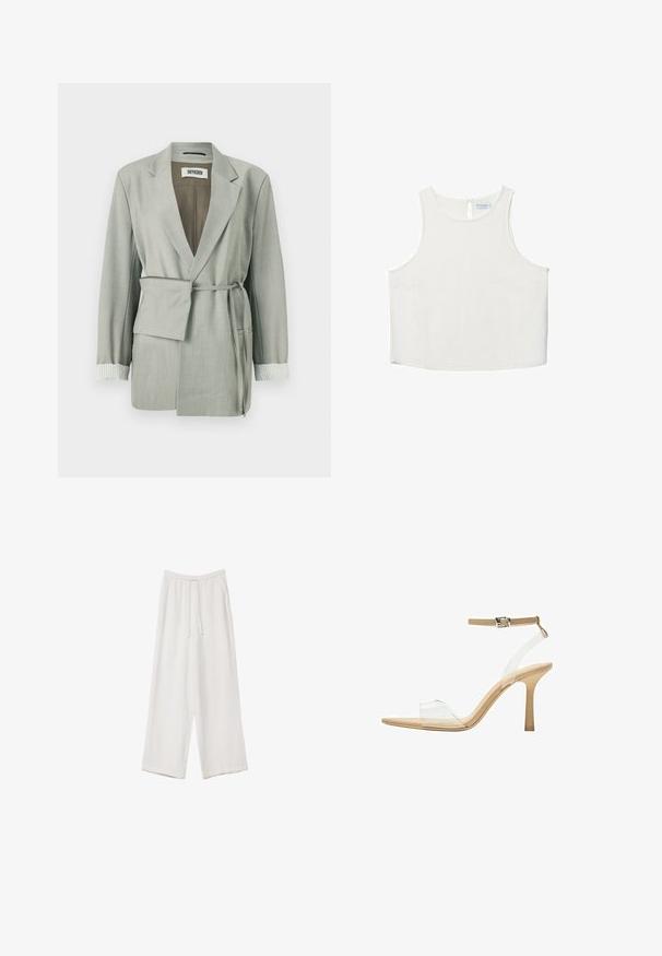 Blazer grigio chiaro con una vestibilità rilassata, dotato di vita con cintura, colletto a scialle e dettagli a righe sui polsini. Tessuto liscio con bordi sartoriali.; Top bianco senza maniche con scollo rotondo, caratterizzato da una sottile trama, dettaglio a rombo sul retro e orlo dritto.; Pantaloni a gamba larga bianchi realizzati in un tessuto leggero. Presentano una vita elastica con cordoncino e tasche laterali. Texture liscia.; Sandal con tacco trasparente e parte superiore trasparente, plantare beige e una sottile cinghia alla caviglia. Presenta una punta appuntita e un tacco alto e sottile.