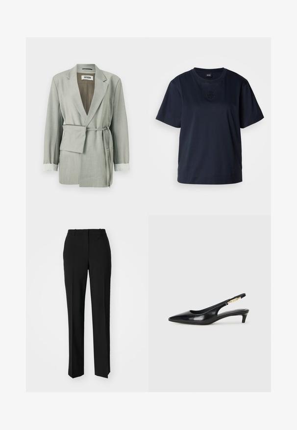 Vaaleanharmaa bleiseri rennolla leikkauksella, jossa on vyötärölle tehty vyö, shaali-kaulus ja raidalliset hihansuut. Silkkinen kangas, jossa on siistit reunat.; T-paita tummansinisestä pehmeästä puuvillasta, lyhyet hihat. Pyöristetty pääntie ja hillitty brodeerattu logo rinnassa.; Mustat räätälöidyt housut suoraa lahjetta, joissa on sileä pinta ja terävät taitteet edessä. Ei näkyvää metalliosaa.; Mustat nahkaiset slingback-korkokengät, joissa on terävä kärki, ohuet korot ja kultasävytteinen yksityiskohta säädettävässä hihnassa. Silkkinen pinta.