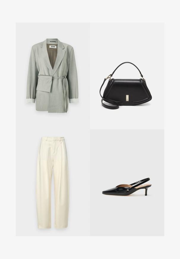 Light grey blazer with a relaxed fit, featuring a belted waist, shawl collar, and striped cuff accents. Smooth fabric with tailored edges.; White cropped T-shirt, short wide sleeves, soft cotton material, round neckline with subtle orange trim, minimal design, no patterns or graphics.; Pleated, high-waisted trousers in light cream fabric. Features a straight cut and a smooth texture. No pockets or visible hardware.; Black patent leather slingback pump with a pointed toe, small heel, and a cutout design on the vamp. Gold-tone hardware accent on the side.; Black leather handbag with a structured design, featuring a cropped shape, top handle, and gold hardware accent. Adjustable shoulder strap included.
