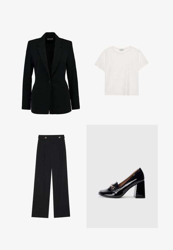 Schwarze Blazerjacke mit einem einzigen Knopf, abgesetztem Revers und zwei vorderen Taschen. Aus glattem Stoff gefertigt, taillierte Passform mit langen Ärmeln.; Weißes T-Shirt mit kurzen Ärmeln aus weicher Baumwolle. Verfügt über einen runden Halsausschnitt und eine lockere Passform. Sauberes Design ohne sichtbare Muster oder Akzente.; Schwarze weite Hosen mit hoher Taille, Knopfdetails am Bund und vorderen Falten.; Schwarzer Lackleder-Pumps mit spitzer Zehenform und Blockabsatz. Verfügt über einen dekorativen Riemen und eine Schnallendetail auf dem Vorderblatt.