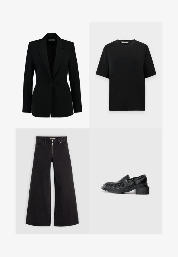 Black blazer with a single button, notched lapels, and two front pockets. Made of smooth fabric, tailored fit with long sleeves.; Black short-sleeve crew neck T-shirt with a relaxed fit, displayed against a plain white background.; Wide-leg jeans in black denim with a zippered front, five-pocket design, and subtle stitching details. Smooth texture and casual style.; Black leather loafers with a structured sole, featuring a slightly raised block heel and a textured upper, secured by a front strap.