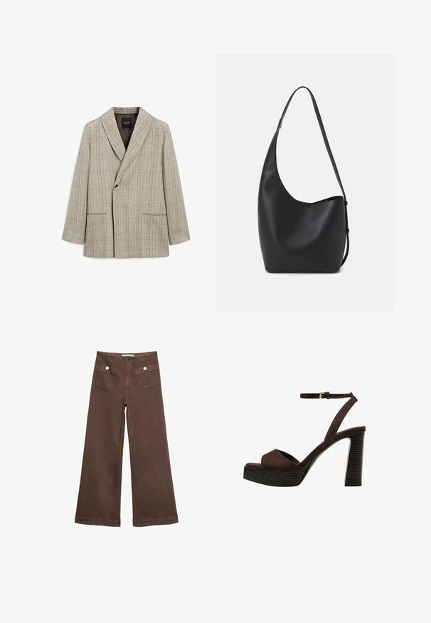 Blazer beige chiaro con motivo a griglia. Presenta un colletto sciallato, chiusura centrale con bottone e due tasche frontali. Finitura in tessuto morbido.; T-shirt marrone a maniche corte realizzato in tessuto morbido, con scollo rotondo e vestibilità comoda. Texture liscia senza motivi o dettagli.; Pantaloni larghi marroni in cotone, con due tasche frontali decorate da bottoni argentati e una texture liscia.; Sandal in camoscio marrone con tacco alto, punta aperta, cinturino alla caviglia regolabile e suola a piattaforma striata.; Borsa hobo nera in pelle con una superficie liscia, forma curvata e una singola tracolla regolabile; presenta un'ampia apertura nella parte superiore.