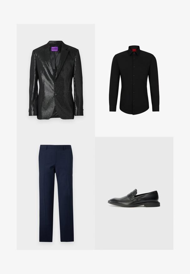 Melnā žakete ar pērlīšu tekstūru, vienas rindas dizains, divas priekšējās kabatas un izgriezti uzvalka atlokiem. Iekšpusē ir purpursarkans "HUGO" etiķete.; Melnas garām piedurknēm krekls ar pogājamām frontālajām pogām, klasisku apkakli un noapaļotu apakšmalu; satur melnas pogas un sarkanu logo apkakles iekšpusē.; Jūras zila bikses ar piegriezumu, tām ir gluda virsma, izteiksmīgas krokas un plakana priekšpuse. Slēpta rāvējslēdzēja aizdare.; Melnas ādas loafers ar gludu tekstūru, norādītu purngalu un zemu taisnstūra papēdi. Iezīmē horizontāla siksniņa detaļa augšdaļā.