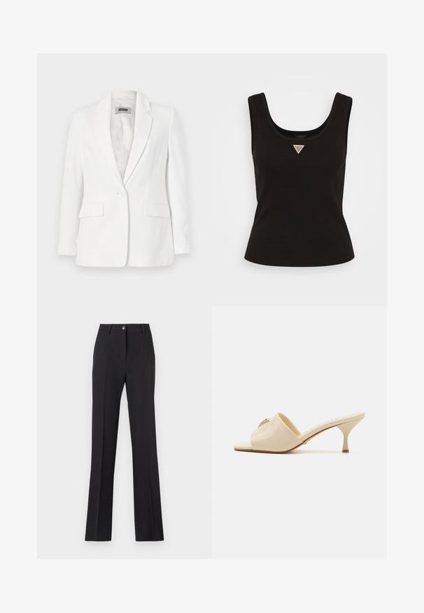 DRYKORN ATLIN - Blazer - offwhite; Top sin mangas negro de canalé con escote amplio y un pequeño logotipo triangular en tonos plateados en la parte central frontal. Diseño ajustado.; Pantalones negros, ajustados, con un diseño de pierna recta. Presentan un cierre de botón, trabillas para cinturón y una textura suave y mate.; Sandalia mule abierta de piel sintética beige con tacón stiletto bajo. Presenta un acento decorativo central en la parte superior. Acabado suave y brillante.