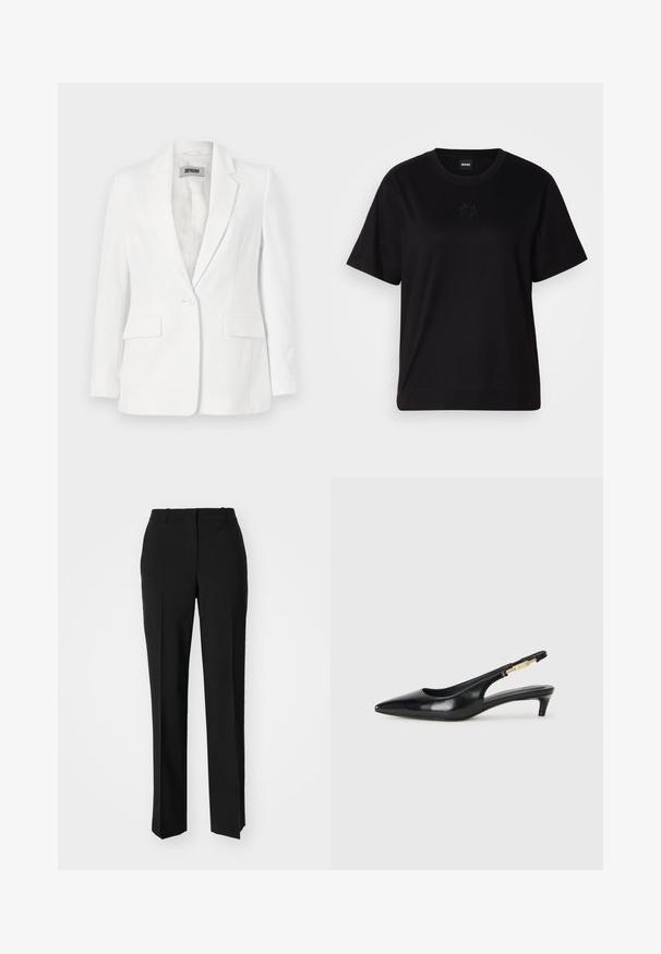 DRYKORN ATLIN - Blazer - offwhite; Black cotton t-shirt with a crew neckline, short sleeves, and an embroidered logo on the chest. Simple, relaxed fit with no patterns.; Black tailored trousers with a straight-leg design, featuring a smooth texture and crisp creases along the front. No visible hardware.; Black leather slingback heels with a pointed toe, featuring a slim heel and a gold-tone accent on the adjustable strap. Smooth texture.
