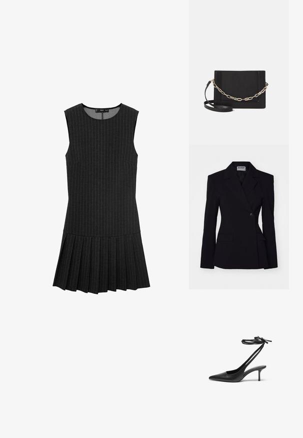 Weekday EDGAR SUITING - Blazer - black; Schwarzes ärmelloses Kleid mit vertikalen Streifen, einem taillierten Oberteil und einem plissierten Rock. Der Stoff ist glatt mit einer leicht strukturierten Haptik.; Schwarzer Leder-Stiletto mit spitzem Zehenbereich, offenem Fersenbereich und mit einer Schleife gebundenen Knöchelriemen. Schlanker 3-Zoll-Absatz. Glatte Textur, minimalistisches Design.; Schwarze Leder-Crossbody-Tasche mit glatter Textur, rechteckiger Form und metallic-kettendetail auf der Vorderseite. Verstellbarer Gurt inklusive.