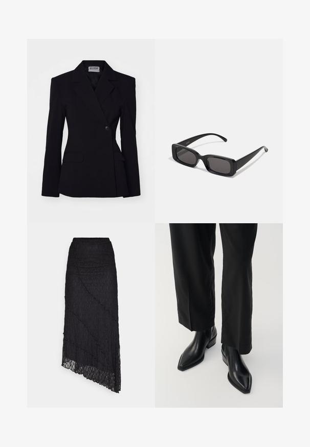 Weekday EDGAR SUITING - Blazer - black; Zwart katoenen tanktop met een ronde halslijn, dikke schouderbanden en een klein wit merklabel nabij de zoom. Klassieke pasvorm, minimalistisch ontwerp.; ONLY ONLKIM LACE SKIRT - Maxirok - black; Zwarte leren enkellaarzen met een spitse neus, een gladde textuur en een vierkante hak. Gecombineerd met zwarte, wijde broekspijpen, wat een stijlvolle silhoutte creëert.; Zwarte rechthoekige zonnebril met donkere lenzen, glanzende afwerking, brede pootjes en een robuust frameontwerp. Gegraveerde merknaam op één van de pootjes.; Grote zwarte leren hobo tas met een soepele textuur, brede schouderband en een geplooid ontwerp aan de onderkant, ideaal voor dagelijks gebruik.