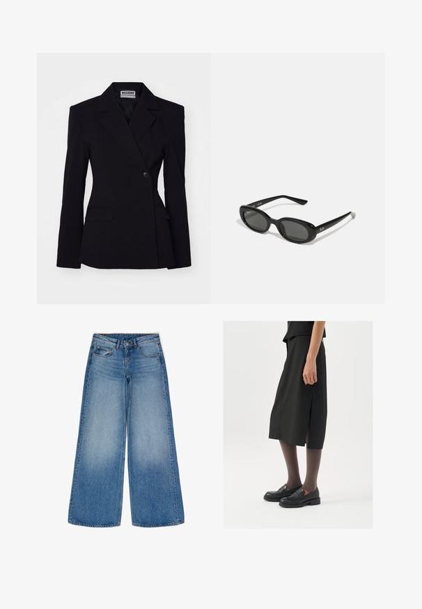 Weekday EDGAR czarny; Biała koszulka z długim rękawem i okrągłym dekoltem z metką "WEEKDAY" wewnątrz kołnierza, ułożona na jasnoszarym tle.; Szerokie niebieskie dżinsy z wypłukanym odcieniem. Posiadają mocne kieszenie, wysoki stan oraz klasyczne zapięcie na guzik i zamek błyskawiczny.; Czarna spódnica do kolan z bocznym rozcięciem, połączona z czarnymi mokasynami i przezroczystymi brązowymi rajstopami, charakteryzująca się gładkim materiałem i prostym wzorem.; Czarne okulary przeciwsłoneczne z owalnymi soczewkami, błyszcząca plastikowa oprawa i smukłe zauszniki. Posiadają białe logo Ray-Ban po boku.; Srebrne kolczyki w formie obręczy z gładką, polerowaną powierzchnią i cienkim, okrągłym kształtem. Wzór posiada pewne zapięcie.