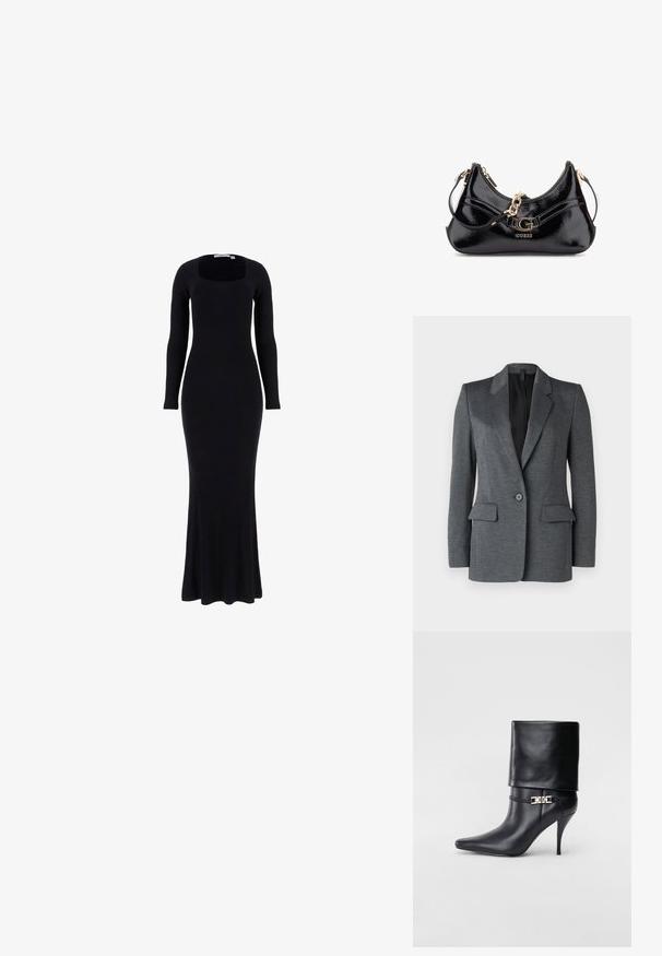 DRYKORN ATLIN - Bleiseri - grey; Musta ribbed pitkähihainen mekko, jossa on neliönmuotoinen pääntie, tiukka vartalo-osa ja levenevä helma. Valmistettu joustavasta neuleesta mukavuutta varten.; Musta nahkasaapas nilkkapituudella, teräväkärkinen, korkea stiletto-korko, käännettävä varsi ja kultainen koristeellinen solki nilkassa.; Musta nahkalaukku, jossa on kaareva muotoilu, kultaiset koristeet ja silmiinpistävä logo. Mukana irrotettava olkahihna.