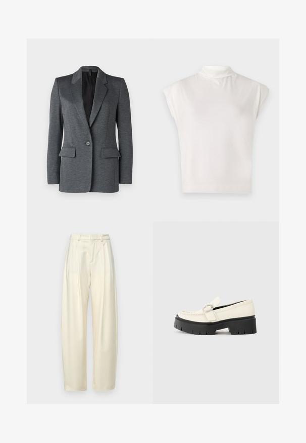 DRYKORN ATLIN - Blazer - grey; Weißes ärmelloses Rollkragenoberteil aus weicher Stoffqualität, mit strukturiertem Design, glatter Textur und subtilen Rippdetails am Saum.; Plissierte, hoch taillierte Hose aus leichtem Creme-Stoff. Verfügt über einen geraden Schnitt und eine glatte Textur. Keine Taschen oder sichtbare Beschläge.; Weißer Lederloafer mit einer klobigen schwarzen Plateausohle, ausgestattet mit einer rechteckigen silbernen Schnalle und sichtbaren Nähten im Obermaterial.