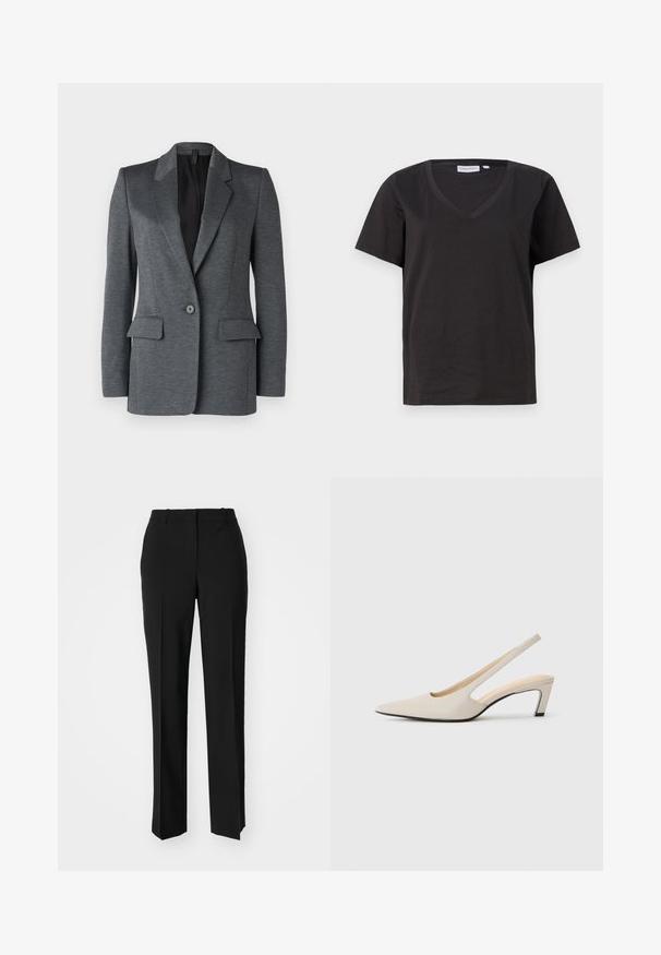 DRYKORN ATLIN - Kratka jakna - grey; Crni pamučni T-shirt s V-izrezom i kratkim rukavima. Jednostavan dizajn s regularnom krojem i bez uzoraka ili akcenta.; Crne krojene hlače ravnog kroja, s glatkom teksturom i oštrim pregibima naprijed. Bez vidljivih metalnih dijelova.; Cipele s otvorenim petom i špicastim prstima od bež kože, s dizajnom s izrezima, blok petom visine 5 cm i glatkom teksturom. Crni potplat kao akcent.