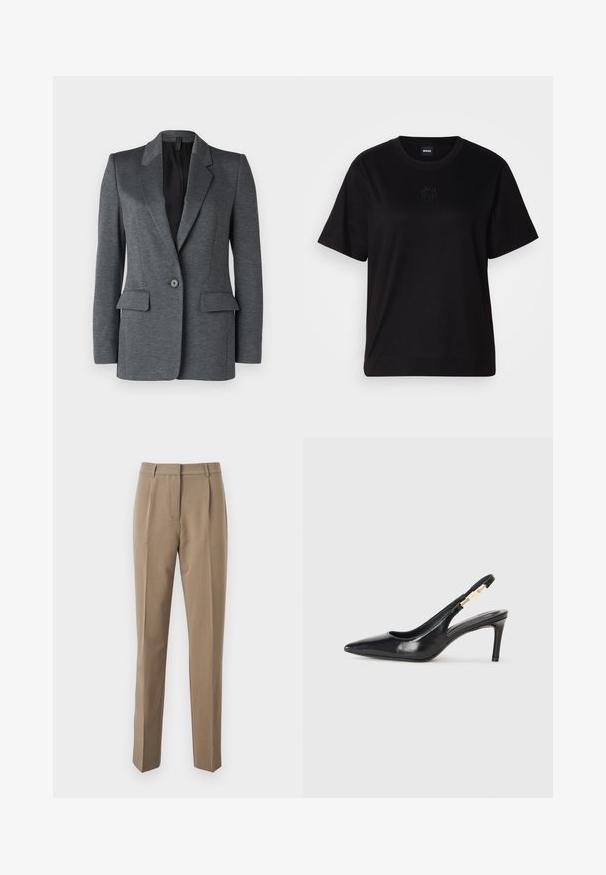 DRYKORN ATLIN - Suknjič - grey; Črna bombažna majica s krožnim izrezom, kratkimi rokavi in izvezenim logotipom na prsih. Preprosta, sproščena silhueta brez vzorcev.; Rjave poslovne hlače iz gladkega materiala, z ravnim krojem, sprednjimi gubami in pasom z zankami za pas.; Črne usnjene sandale na visoki peti s koničastim nosom, gladko teksturo in ožjim gležnjarjem, ki ima zlate kovinske dodatke.