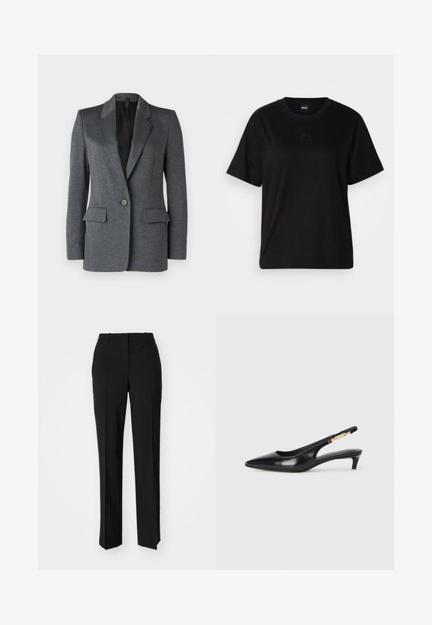 DRYKORN ATLIN - Blazer - grey; Black cotton t-shirt with a crew neckline, short sleeves, and an embroidered logo on the chest. Simple, relaxed fit with no patterns.; Black tailored trousers with a straight-leg design, featuring a smooth texture and crisp creases along the front. No visible hardware.; Black leather slingback heels with a pointed toe, featuring a slim heel and a gold-tone accent on the adjustable strap. Smooth texture.