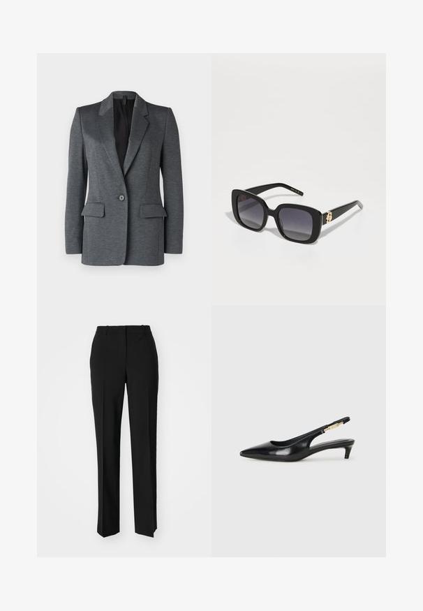 DRYKORN ATLIN - Blazer - grey; Maglietta in cotone nera con scollatura tonda, maniche corte e logo ricamato sul petto. Design semplice e vestibilità rilassata senza motivi.; Pantaloni neri su misura con un design a gamba dritta, caratterizzati da una texture liscia e pieghe ben definite sul davanti. Senza hardware visibile.; Tacchi slingback in pelle nera con punta affusolata, caratterizzati da un tacco alto e un accento dorato sulla cinghia regolabile. Texture liscia.; BOSS Occhiali da sole - black