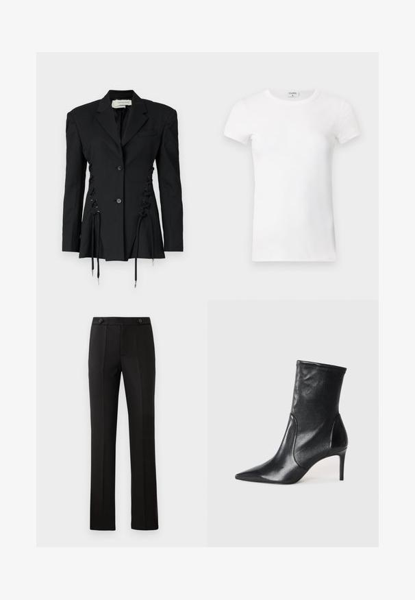 Black tailored blazer featuring decorative lace-up sides and drawstring ties. Made from structured fabric, with classic lapels and buttons.; White ribbed short-sleeve T-shirt with a crew neck. The fabric appears smooth with a fitted silhouette. Branding label visible at the collar.; Black tailored trousers with a straight leg, two front pockets, a button closure, and pleat detailing on the front. Smooth fabric texture.; Black ankle boots made of smooth leather, featuring a pointed toe, fitted shaft, and a slim high heel. Minimalist design with no visible hardware.