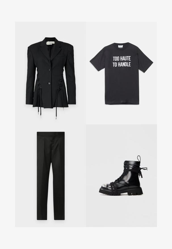 Musta räätälöity bleiseri, jossa on koristeelliset nauhakuja ja nyörit. Valmistettu jämäkästä kankaasta, jossa on klassiset liehukkeet ja napit.; Mustapaita, jossa on lyhyet hihat ja pyöreä kaula-aukko, edessä valkoisilla kirjaimilla teksti "TROPPA HAUTOA KÄSITELLYTTÄVÄKSI".; Mustat housut, joissa on sileä kangas, räätälöity muotoilu, suorat lahkeet sekä litteä vyötärö ilman näkyviä kiinnityksiä tai taskuja.; Mustat nahka nilkkurit, joissa on metallinen varvaskärki, paksu kumipohja ja ristikkäin soljet. Varustettu nauhoitus-edessä ja takana vetonauha.