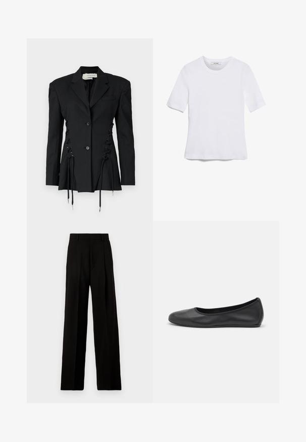 Black tailored blazer featuring decorative lace-up sides and drawstring ties. Made from structured fabric, with classic lapels and buttons.; White short-sleeve t-shirt made of ribbed fabric. Round neckline, regular fit, and subtle stitching details. No patterns or graphics.; Black wide-leg trousers made of smooth fabric, featuring a high waist, front pleats, and a clean, tailored design without embellishments.; Black leather ballet flat with a rounded toe, smooth texture, minimal stitching detail, and a flexible sole design.