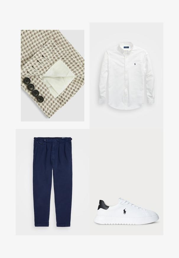 Getextureerde stof in een beige en bruine zigzagpatroon, met een witte voering zichtbaar in een zak; vier zwarte knopen aan de rand.; Witte button-up shirt van katoen. Voorzien van een puntige kraag, lange mouwen en een klein marineblauw logo op de borst. Gladde textuur.; Marineblauwe chinos gemaakt van katoen, met een rechte pijp, voorplooien, knoopsluiting en opgerolde manchetten. Gladde textuur met een minimaal ontwerp.; Witte lage sneakers met een zwarte hieltab en het zwarte Polo Ralph Lauren-logo op de zijkant, voorzien van witte veters en een dikke rubberen zool.
