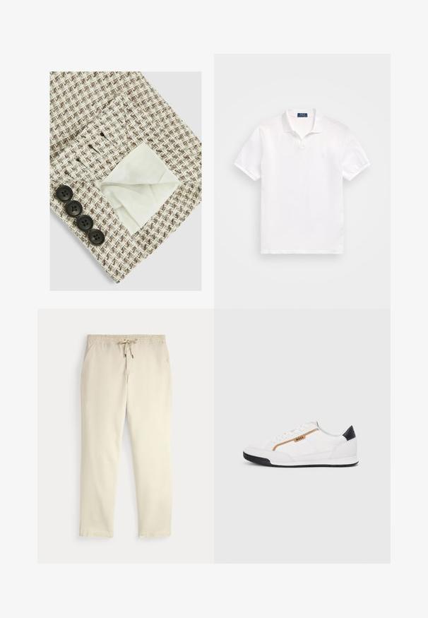 Texturovaná tkanina s béžovým a hnědým cikcakovým vzorem, s bílou podšívkou viditelnou v kapse; na okraji jsou čtyři černé knoflíky.; Bílá polo košile vyrobená z bavlny, s dvoubotonovým zapínáním, krátkými rukávy a decentním logem na levém prsu. Hladká textura.; Krémové casual kalhoty s elastickým pasem a stahovací šňůrkou, rovné nohavice a boční kapsy na jednoduchém pozadí.; Bílé sportovní boty s akcenty z meshe a kůže. Mají zlaté logo "BOSS", texturované boční panely a černý podpatek. Gumová podrážka.