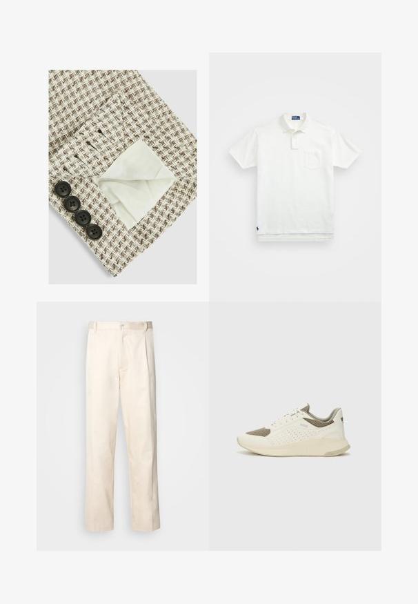 Tessuto testurizzato con motivo a zigzag beige e marrone, con una fodera bianca visibile in una tasca; quattro bottoni neri sul bordo.; Polo bianco in cotone, con colletto classico, placca con tre bottoni e taschino sul lato sinistro del petto; piccolo logo sull'orlo.; Pantaloni in cotone beige con taglio dritto, dotati di chiusura a bottone e pence sul davanti per un tocco di dettaglio in più.; Sneaker atletica bianca e beige chiaro, con tomaia in mesh, dettagli perforati e una suola intermedia texturizzata con marchio sul tallone.