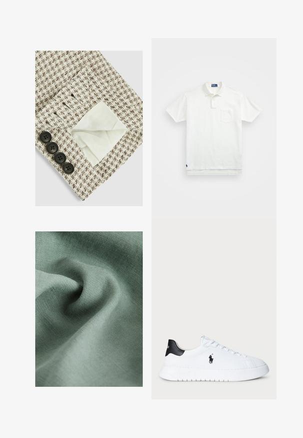 Auduma struktūra bēšā un brūnā zigzaga rakstā, ar baltu oderi, kas redzama kabatā; četri melni pogas malas. ; Balta polo krekls, izgatavots no kokvilnas, ar klasisku apkakli, trīs pogu aizdari un kreisajā krūtī kabatu; neliels logo apakšmalā.; Gaiši zaļš audums ar mīkstu, teksturētu virsmu, kam ir maigas krokas un grumbas, radot gludu un delikātu izskatu.; Baltas zems sports apavi ar melnu papēdi un melnu Polo Ralph Lauren logotipu sānos, ar baltām auklām un biezu gumijas zoli.