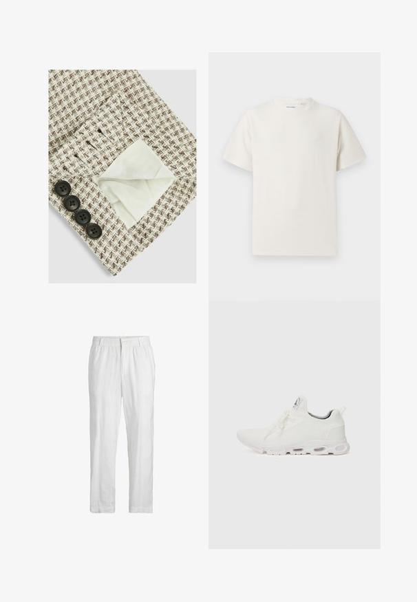 Tekstura tkanine u bež i smeškastom zigzag uzorku, s bijelom podlogom koja je vidljiva u džepu; četiri crna dugmeta na rubu.; Bijela kratka majica s kratkim rukavima u rebrastoj teksturi. Okrugli izrez, ležeran kroj, bez vidljivih uzoraka ili akcenta. Jednostavan i svestran dizajn.; Bijele lanene hlače s elastičnom upravom u struku i prednjim dugmetom. Tkanina ima glatku, laganu teksturu i ravno krojenje.; Bijele atletske tenisice s gornjim dijelom od teksturiranog pletenog materijala, ravnim vezicama i jastučićem u potplatu s vidljivim zračnim komorama radi dodatne potpore.