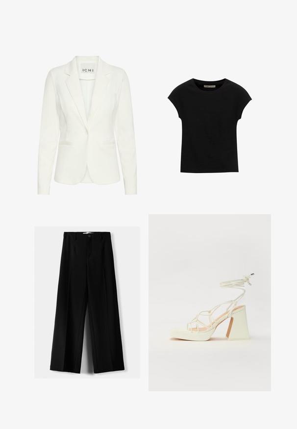 Bela blejzer iz gladkega materiala, z enim gumbom za zapiranje, z nožnimi klapnicami in dvema sprednjima žepoma. Oznaka navaja "ICHI."; Črna kratka majica s kratkimi rokavi, narejena iz mehke tkanine, z okroglim izrezom in sproščenim krojem, z gladko teksturo in brez vzorcev.; Črne široke hlače iz lahkega materiala, z zapiranjem na gumb spredaj in ravnim sprednjim delom, s skrbno zašiti robovi.; Bela sandala na visokih petah s debelim petam, ki ima obliko trakcev in vezanje okoli gležnja. Gladka tekstura z platformo spredaj za dodatno višino.