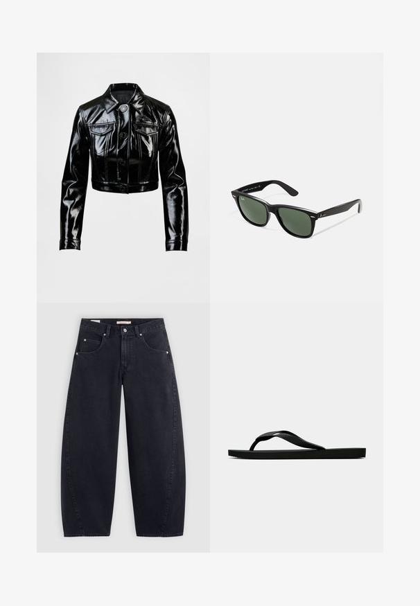 Crna, skraćena jakna od sjajne umjetne kože. Ima dva džepa na prsima, kopča se na dugmad sprijeda i ima šiljasti ovratnik. Glatka tekstura.; Adidas bijela majica s prugama u tmurno plavoj boji, s okruglim izrezom, kratkim raglan rukavima i istaknutim 'adidas' logotipom sprijeda.; Crne traperice širokih nogavica s visokim strukom, dva prednja džepa i srebrnim detaljima. Glatka tekstura, minimalni detalji šavova i ravni kroj.; Crne gumene japanke s teksturiranim remenom i jednostavnom ravnom potplatom, prikazane s strane na jednostavnoj svijetloj pozadini.; Crne plastične sunčane naočale s zelenim staklima, kvadratni okviri, srebrni naglasak na obrvi i teksturirane ručke. Naziv brenda naveden na unutrašnjoj strani ručke.; Crna torba s dugim ručkama, zatvorenjem na zip i malim zelenim krokodilom koji se nalazi u središtu ispod ručaka.