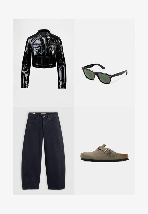 Giacca nera corta in ecopelle lucida. Presenta due tasche sul petto, apertura frontale con bottoni e colletto appuntito. Texture liscia.; T-shirt bianca a strisce Adidas con dettagli blu navy, dotata di collo rotondo, maniche raglan corte e un bold logo "adidas" sul davanti.; Jeans larghi in denim nero con vita alta, due tasche frontali e accessori in metallo argentato. Texture liscia, dettagli di cucitura minimi e gamba dritta.; Zoccoli in suede di un verde oliva chiaro con una soletta in sughero e gomma sagomata. Presentano una cinghia laterale con fibbia metallica e una punta arrotondata.; Occhiali da sole in plastica nera con lenti verdi, montatura quadrata, dettaglio argento sulla parte superiore e steli con texture. Marchio indicato sulla parte interna dello stelo.; Borsa a tracolla nera con due lunghi manici, una chiusura zip superiormente e un piccolo logo di coccodrillo verde centrato sotto i manici.