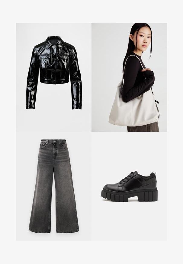 Črni skrajšani suknjič iz sijočega umetnega usnja. Ima dva prsna žepa, gumbe spredaj in špičast ovratnik. Gladek tekstura.; Črna bombažna majica s kratkimi rokavi, ki ima majhen roza metuljček na levi strani prsnega dela. Majica s krožnim ovratnikom in sproščenim krojem.; Široke črne jeans hlače z izbrisanimi detajli, petimi žepi in gumbom na pasu, z zaključenimi šivi.; Črne usnjene platforme z debelim blokastim petam, okroglo konico in klasičnim vezanjem. Imajo gladko teksturo in minimalne podrobnosti.; Bežna torbica iz mehkega materiala, z ohlapno zasnovo, šivi in dvema naramnicama. Primerna za vsakodnevno uporabo.