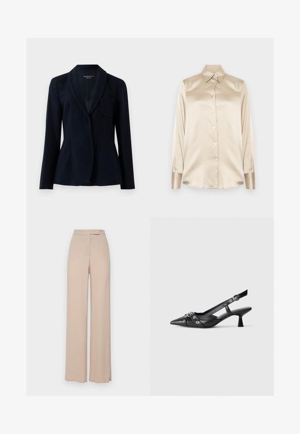 Tume laevanduse pintsak, millel on tekstuuriga kangas, šaalikaelus, pikad varrukad ja üks rinnatasku, märgistus Emporio Armani ICON.; Beige satiinist särk, millel on terav krae, täispikkade varrukatega, nööbiga kinniti ja veidi läikivamad mansetid. Ilma mustrite või aktsentideta.; Bežid laiad püksid, mis on valmistatud kergest kangast. Omavad sileda tekstuuri, eesmist taskut ning diskreetset vöökoha disaini.; Must must have must toote tõmblukuga, dekoratiivsed rihmad metallist silmadega ja madal blokk-kand. Tekstureeritud pind.
