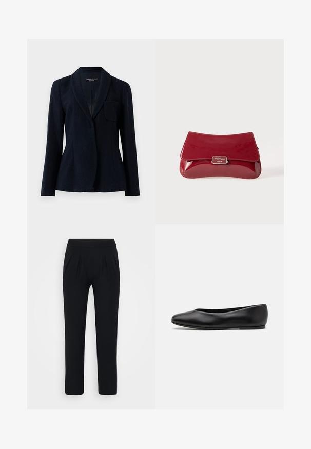 Ciemnoniebieska marynarka dopasowana o fakturowanym materiale, z kołnierzem typu szal, długimi rękawami i jedną kieszenią na klatce piersiowej, oznaczona logo Emporio Armani ICON.; Niebieska satynowa bluzka z krótkim rękawem, o kwadratowym dekolcie i zamku błyskawicznym z tyłu. Gładka struktura i nieco luźny krój.; Czarne, szerokie spodnie z gładkiego materiału. Posiadają elastyczny pas i dwie fałdy z przodu. Brak widocznych wzorów lub elementów metalowych.; Paul Smith TOPANGA czarny; Czerwony lakierowany skórzany kopertówka o zaokrąglonym kształcie, z klapą składana oraz metalowym logo na srebrnej tabliczce. Gładka, błyszcząca tekstura.