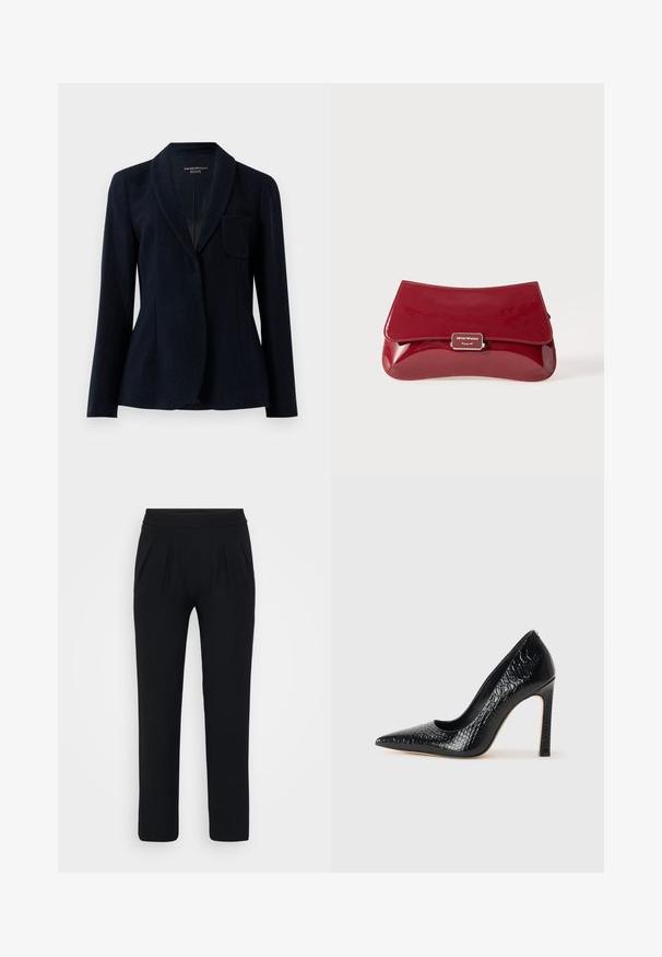 Dark navy tailored blazer with textured fabric, shawl collar, long sleeves, and a single chest pocket, labeled Emporio Armani ICON.; Blue satin short-sleeve blouse with a square neckline and back zipper. Smooth texture and slightly loose fit.; Black, wide-leg trousers made of smooth fabric. Features an elastic waistband and two front pleats. No visible patterns or hardware.; Black pointed-toe high heel shoe with a crocodile-skin texture, featuring a sleek design, high stiletto heel, and smooth black interior.; Red patent leather clutch bag with a curved design, fold-over flap, and a metal logo accent on a silver plaque. Smooth, shiny texture.