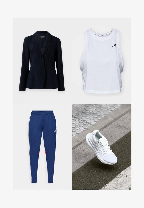 Tmavě námořnický přizpůsobený blejzr s texturovanou tkaninou, šálovým límcem, dlouhými rukávy a jedním hrudním kapsou, označený jako Emporio Armani ICON.; Bílý krátký top z lehkého materiálu s kulatým výstřihem. Má černé logo na levé straně a hladkou texturu.; Námořnické tepláky s bílými bočními pruhy, elastickým pasem a červenými akcenty u lemů. Vyrobené z hladké, lehké látky.; Bílé sportovní boty s vrchní částí z síťoviny, šněrovacím designem a texturovanou podrážkou. Jemné logo a detaily bez švů jsou viditelné.