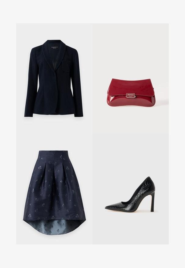 Tummansininen räätälöity takki, jossa on teksturoitu kangas, shaali-kaulus, pitkät hihat ja yksi rintatasku, merkitty Emporio Armani ICON.; Mustat hihattomat paidat, joissa on ohut spagettiolkaimet, valmistettu ribbikankaasta. Paidassa on suora leikkaus ja kaula-aukon kohdalla on lappu, jossa lukee "IVY OAK."; Tummansininen korkealta ja matalalta leikkaava hame, jossa on laskoksia ja hienovarainen pelikortti-symboleiden kuvio hieman kiiltävässä kankaassa.; Musta kapea nilkkakorkokenkä krokotiilin nahkakuviolla, joka on varustettu tyylikkäällä muotoilulla, korkealla stiletto-korkealla ja sileällä mustalla sisäosalla.; Punainen lakattu nahkalaukku, jossa on kaareva muotoilu, taitettava läppä ja metallinen logohopeisella kilvellä. Sileä, kiiltävä pinta.