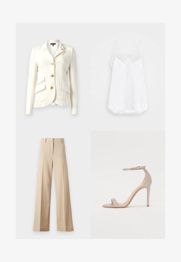 Hvid blazer med en struktureret stof, tætsiddende design, guldknapper, to for-lommer og en enkelt brystlomme. Klassisk krave og lange ærmer.; Hvid camisole med v-udskæring, tynde stropper, teksturerede blonde detaljer ved skuldrene og en buet nederkant. Glat stoftekstur.; Beige bukser med vid ben lavet af blødt stof, med en flad foran med folder, lynlås og bæltestropper. Skræddersyet pasform generelt.; Sandal med høje hæle og stropper i metalisk rosaguld, med en tekstureret overdel, åben tå og ankelstrop med detalje i guldspænde.