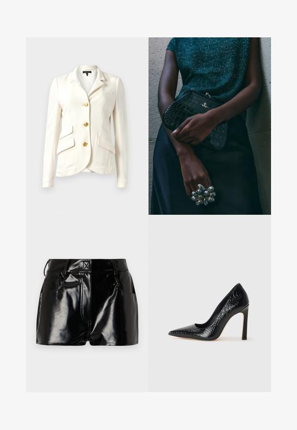 Witte blazer van een gestructureerde stof, strakke pasvorm, met gouden knopen, twee voorkruimte zakken en een enkele borstzak. Klassieke kraag en lange mouwen.; Grijze geribde tanktop met een aansluitend ontwerp, brede armsgaten en een ronde hals. Gemaakt van zachte katoenen stof met een gladde textuur.; Zwarte, glanzende shorts van synthetisch materiaal. Heeft een aansluitende taille, riemlussen en voorzakken met opvallende stikseldetails.; Zwarte puntige hoge hak schoen met een krokodillenleren textuur, met een slank ontwerp, hoge stiletto-hak, en een gladde zwarte binnenkant.; Zwarte clutch met krokodillenpatroon en zilverkleurige hardware, vastgehouden tegen een gestructureerde grijze achtergrond. Heeft een glanzend oppervlak.