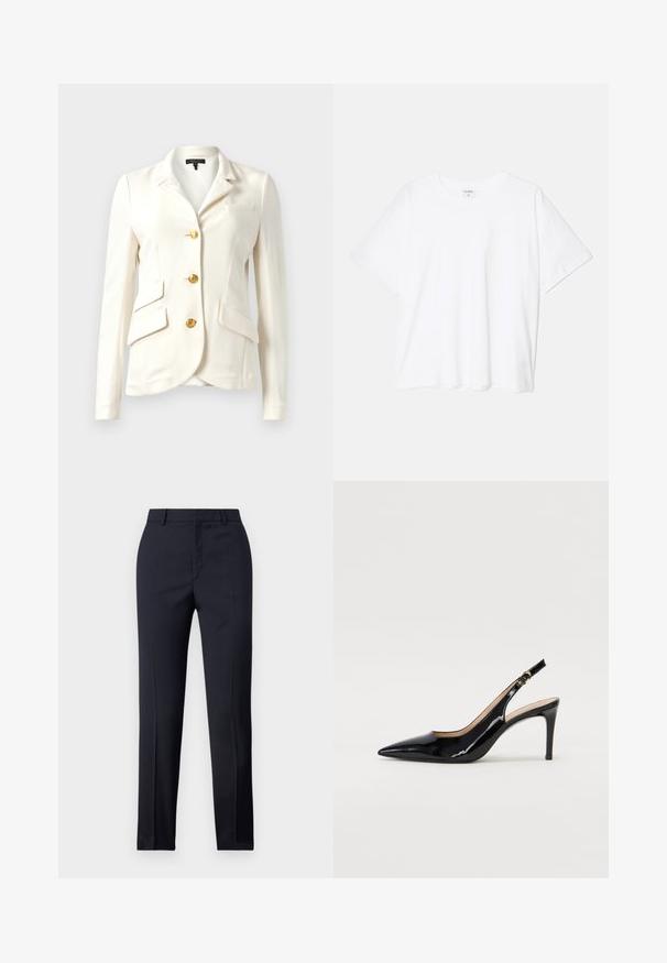Vit kavaj i strukturerad tyg, åtsittande design, guldknappar, två framfickor och en bröstficka. Klassisk krage och långa ärmar.; Vit bomull t-shirt med kort ärm, rund halsringning, avslappnad passform och söm i nederkant. Etikett synlig på insidan av halsen.; Marinblå skräddarsydda byxor med rak passform, med en slät textur, två framfickor och en ren midjeband.; Svart patenterat läder slingback pumps med spetsig tå, smal klack och en subtil utskärning. Har en guldbuckle på remmen.
