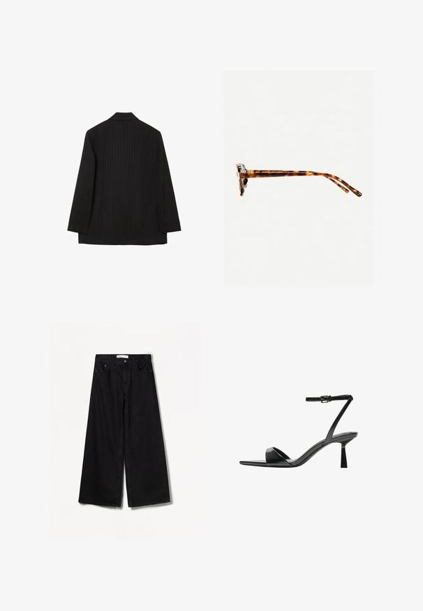 Schwarze gestreifte Blazer, strukturierter Schnitt, einreihig, mit Reverskragen, langen Ärmeln und geradem Saum hinten.; Schwarzes Oversized-T-Shirt mit kurzen Ärmeln, Rundhalsausschnitt und geradem Saum. Hergestellt aus weicher Baumwolle mit glatter Textur. Nur Rückansicht.; Bershka WIDE-LEG - Wide Leg - black; Bershka High Heel Sandalette - black; Schildpatt-Sonnenbrille mit dickem Rahmen, leicht gebogenen Bügeln und glatter Textur. Sie präsentiert ein klassisches Design mit glänzender Oberfläche.