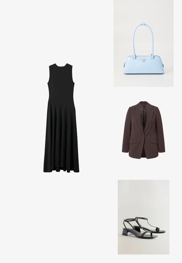 Bruine blazer met een op maat gemaakt ontwerp, featuring een notch lapel, enkele knoopsluiting en twee voorkanten zakken. Gladde textuur en klassieke pasvorm.; Zwarte mouwloze maxi-jurk met een aansluitend lijfje en een uitlopende rok, met een gladde textuur en een minimalistisch ontwerp, zonder zichtbare sluitingen.; Zwarte geveerde sandalen met een slanke patina afwerking, slanke bandjes, een T-vormig ontwerp en een lage blokhak voor stabiliteit.; Lichtblauwe handtas met een gestructureerde vorm, van soepel leer, met twee handvatten en een driehoekig merklogo aan de voorkant. Met ritsluiting.