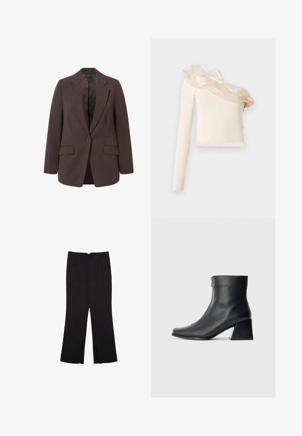 Brauner Blazer mit maßgeschneidertem Design, ausgestattet mit einem Reverskragen, einem einzelnen Knopfverschluss und zwei Vorderaschen. Glatte Textur und klassischer Schnitt.; Asymmetrisches cremefarbenes Top mit einem langen Ärmel, versehen mit einem transparenten, gerafften Ausschnittdetail und glatter, figurbetonter Stoff.; Schwarze Hose mit geradem Schnitt, ausgestattet mit Fronttaschen und Seitenschlitzen am Saum. Hergestellt aus weichem, glattem Stoff. Geeignet für verschiedene Anlässe.; Schwarze Lederstiefelette mit quadrater Zehenform, seitlichem Reißverschluss und Blockabsatz vor einem schlichten hellen Hintergrund.