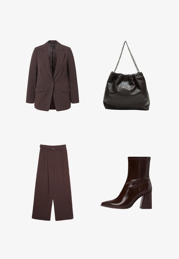 Blazer marrone con design sartoriale, caratterizzato da rever a falda, chiusura con un solo bottone e due tasche frontali. Texture liscia e vestibilità classica.; T-shirt marrone a maniche corte realizzato in tessuto morbido, con scollo rotondo e vestibilità comoda. Texture liscia senza motivi o dettagli.; Stradivarius WIDE-LEG WITH BUCKLE DETAIL - Pantaloni - dark brown; Stivale alla caviglia in pelle verniciata marrone con punta affusolata, cavigliera elasticizzata e tacco a blocco spesso. Design elegante con superficie liscia.; Borsa in pelle marrone con parte superiore arricciata e tracolla a catena. Texture liscia con finitura lucida e dettagli di cucitura sottili sui lati.