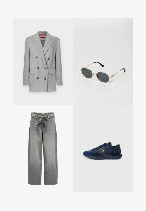 Grå dobbeltbrystet blazer med lodrette striber, seks sorte knapper, slåede revers, klaplommer og en rød mærkeetiket indeni kraven.; Hvid skjorte med knapper lavet af glat bomuld med en klassisk krave, der har en lige søm og beige knapper langs forsiden.; Bredde grå denim jeans med snøre i taljen og forlommer. Stoffet har en let struktur og en falmet overflade.; Mørkeblå sportsko med ruskind og mesh-materialer, udstyret med gummisål, snørebåndsdesign og en gylden logoaccent.; Guldmetal solbriller med ovale linser og mørktonede linser. Sorte acetat tip på stængerne. Mærkenavnet "QUAY" på siden.; Sort tote taske lavet af stof, med et fremtrædende prægede logo i et cirkulært design. Glat tekstur med kontrasterende læderdetaljer.