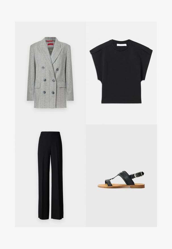 Veste gris à double boutonnage avec des rayures verticales, six boutons noirs, revers crantés, poches à rabat et une étiquette de marque rouge à l'intérieur du col.; Haut noir à manches courtes avec un col rond et des détails aux épaules, posé à plat sur un fond blanc.; Pantalons noirs à jambes larges avec une texture lisse, dotés d'une taille haute et de plis centraux. Pas de motifs visibles ni de détails en matériel.; Sandale en cuir noir avec boucle réglable, semelle plate couleur tan, et deux larges bandes se croisant sur le pied, design minimaliste.